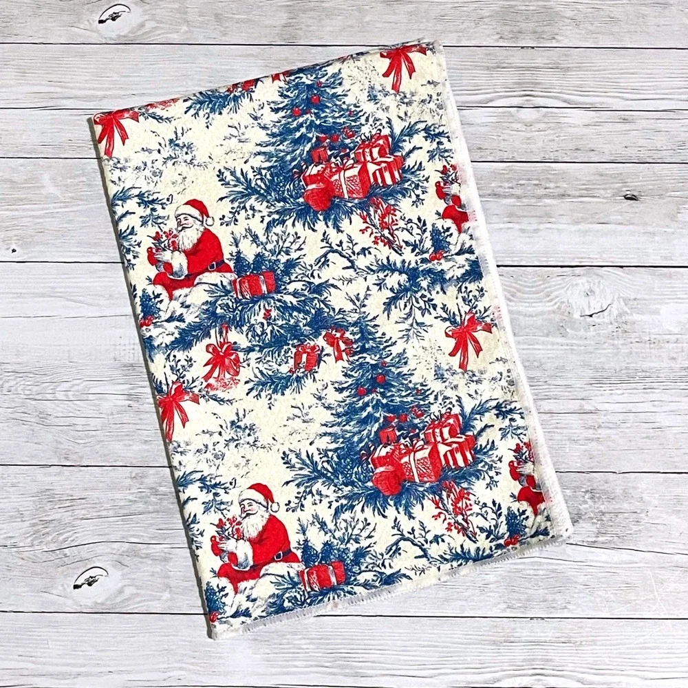 Christmas Santa Claus Toile Kitchen Towel Red Blue Holiday Decor Vintage Style